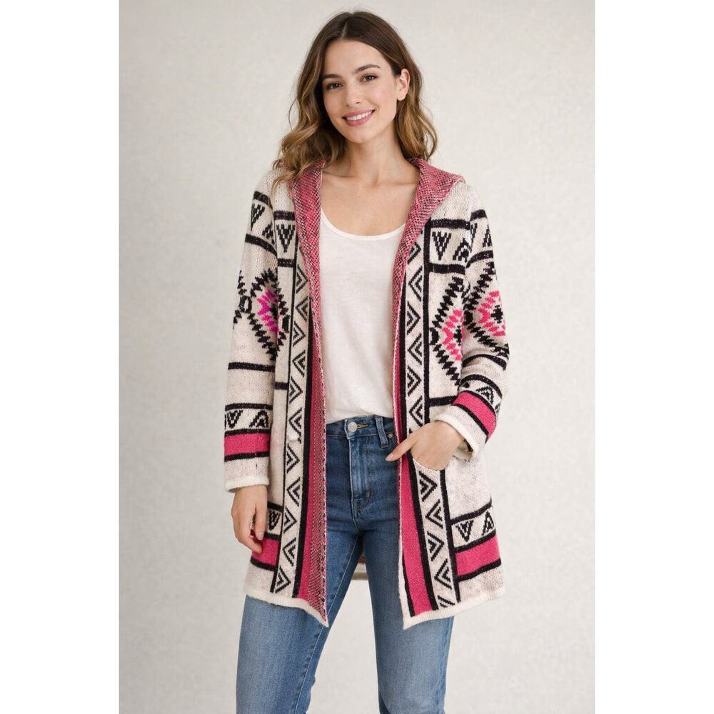 Aztec Tribal Cardigan Sweater Pink Cream Boho Southwestern Knit Womens Size S - Picture 1 of 4